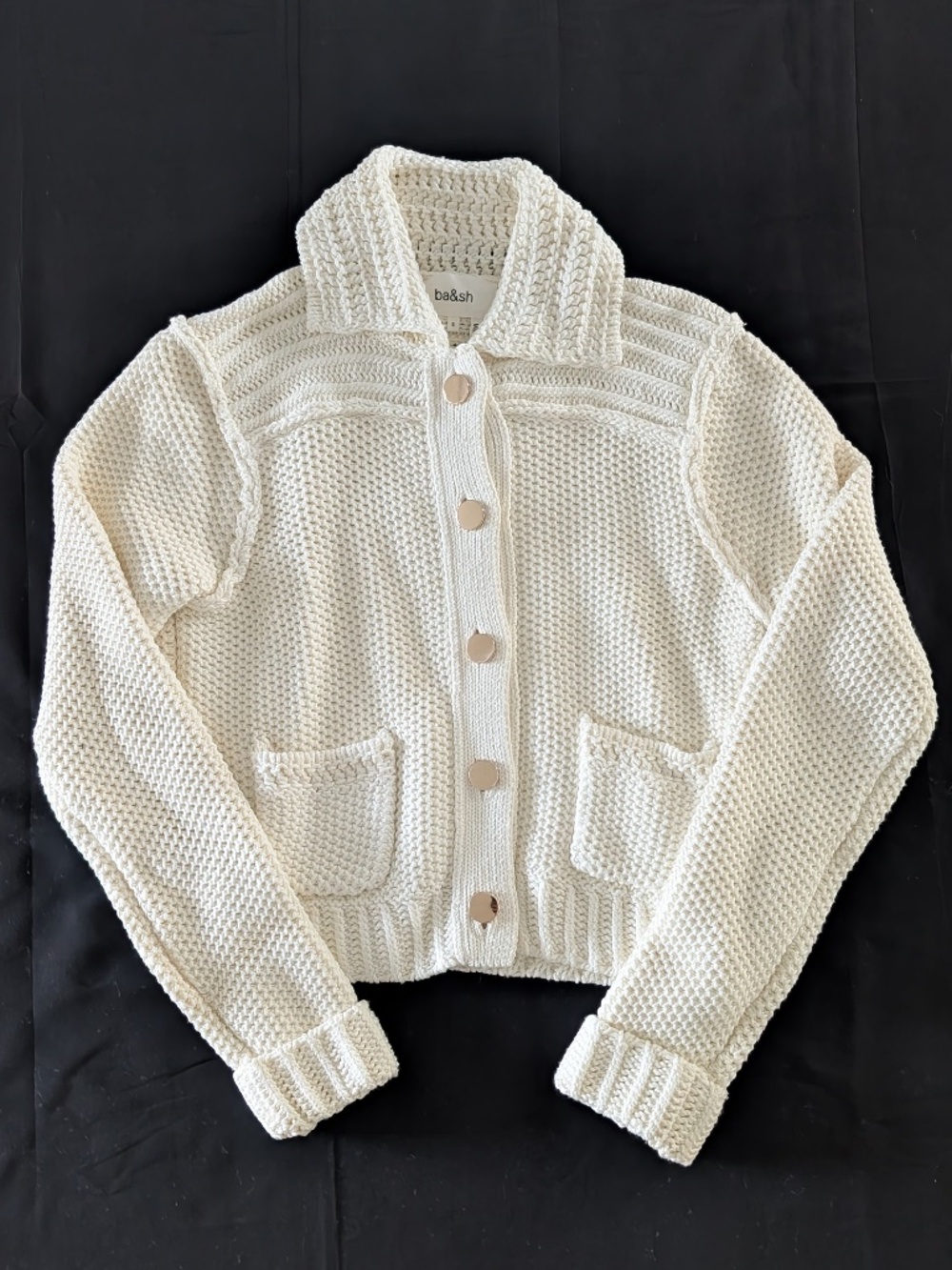 ba&sh Federica Cardigan Jacket Ecru Off White Cotton Waffle Knit 1 S NWT